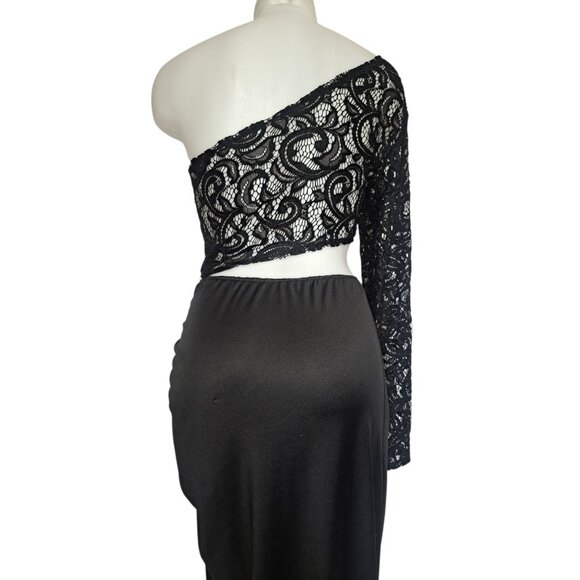 Womens Black One Shoulder Lace Cutout Maxi Evening Gown L Formal Prom Unbranded - Picture 2 of 11